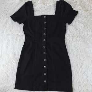 Girl-ish Small Black Button Mini Denim Jean Dress Square Neck Festival Boho Chic